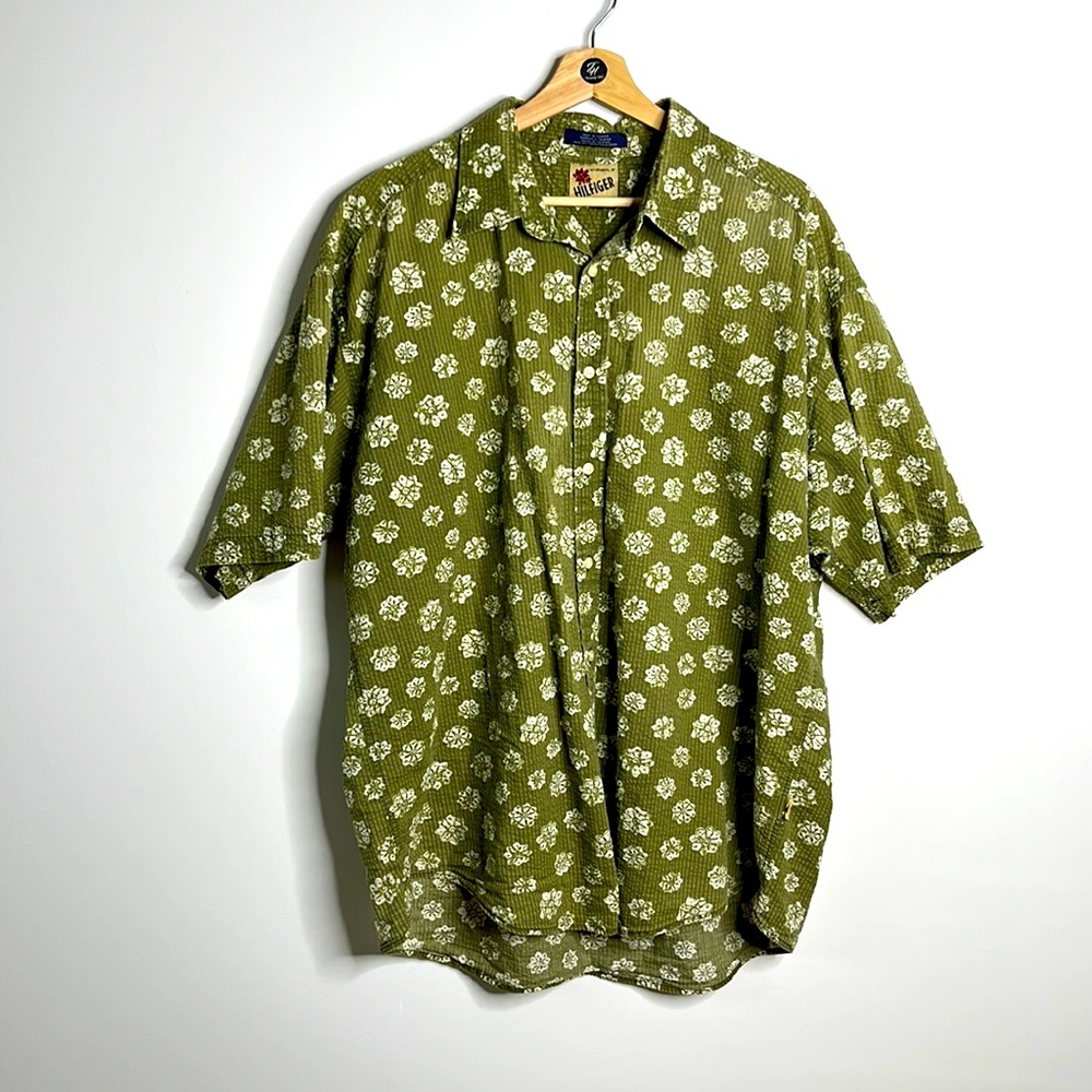 TOMMY HILFIGER Vintage Floral Print Cotton Short Sleeve Button Down Shirt Sz‎ XL